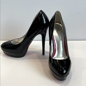 Signature Sole Black‎ Patent Pink Bottom Platform Heels 7.5